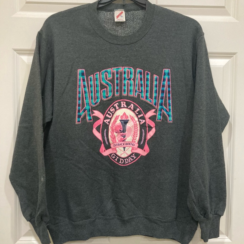 Vintage XL Jerzees Russell Corp Australia Gidday 90s teal pink screen print grey